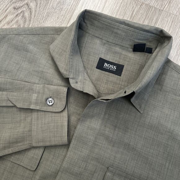 Hugo Boss Button Up Shirt Mens Medium Regular Fit Green Gray Long Sleeve Casual - Picture 1 of 9